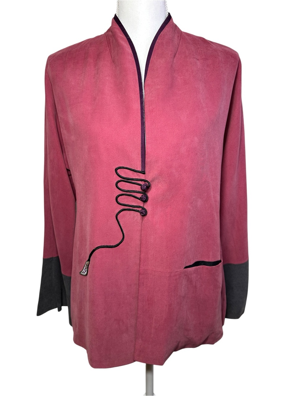 Vintage Chinese Silk Blend Frog Closure Jacket Pink Black Women M